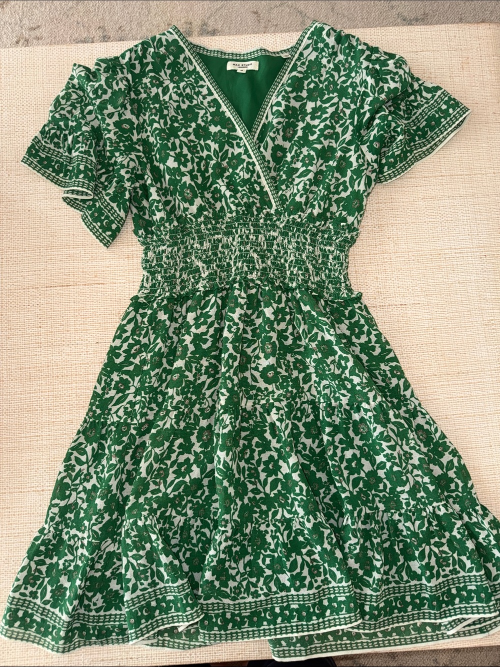 Max Studio Green and White Trim V-Neck Dress